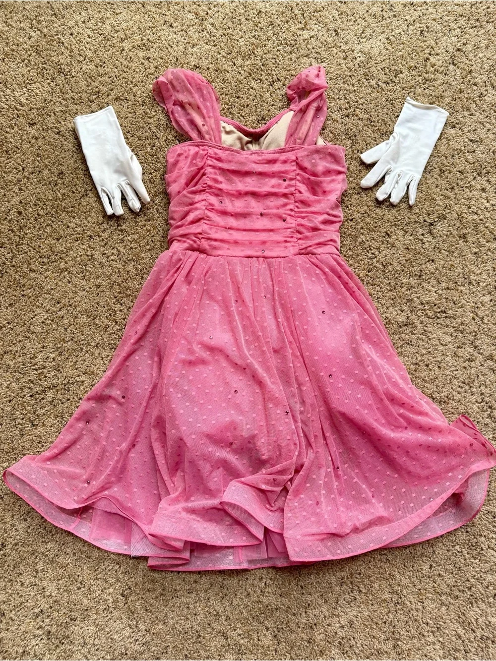 Weissman Pink Rhinestone Lyrical Dance  Costume w/ White Gloves Child Large LC